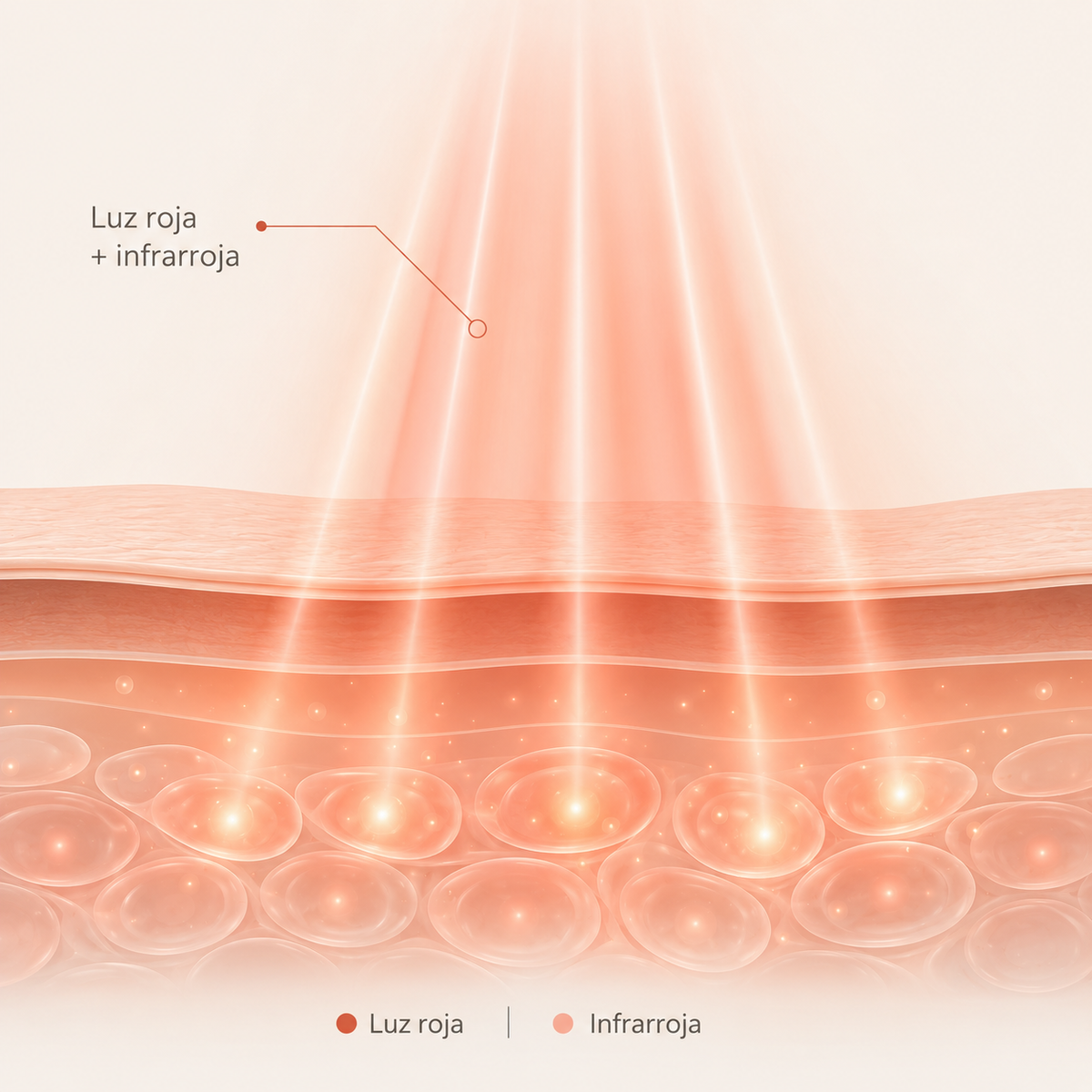 Ilustración de la luz roja e infrarroja penetrando las capas de la piel